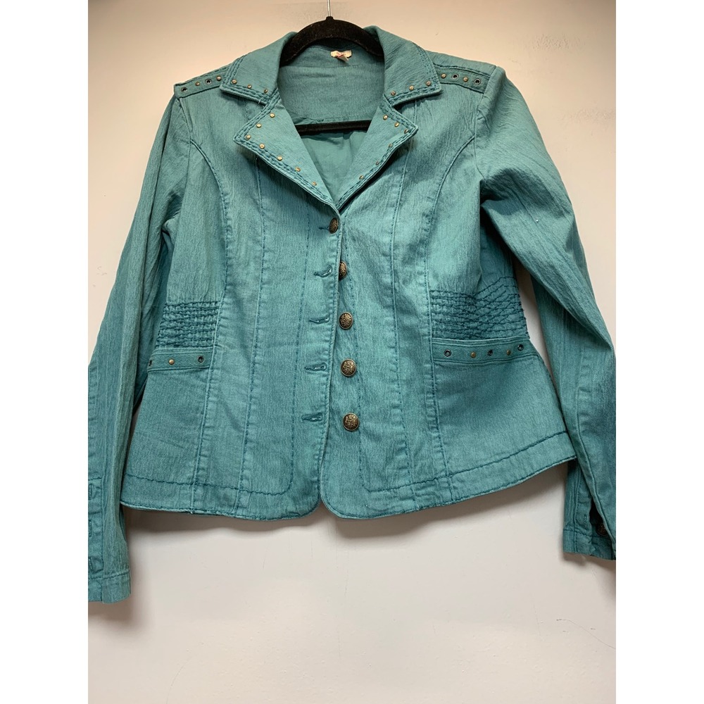 Reba Jacket Womens Small‎ Teal Excellent Studded Smocked Peplum Western Denim